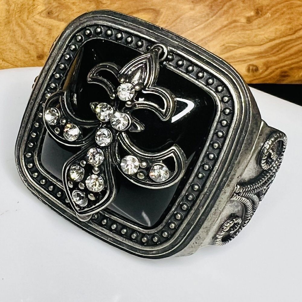 Statement Chunky Crystal Fleur de Lis Black Silver Tone Stretch Bracelet 4505